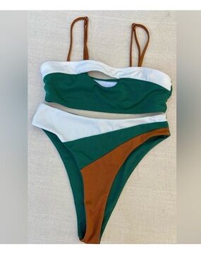 Colorblock Ribbed Bikini Set - Green, White & Brown